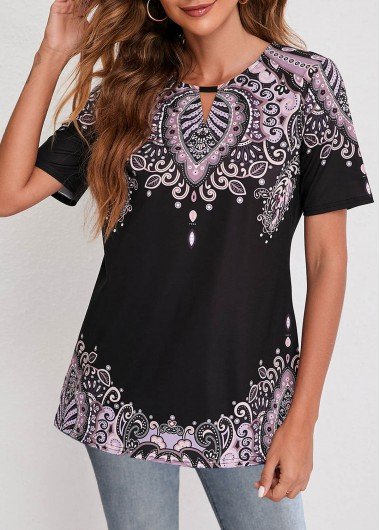 Tribal Print Short Sleeve Black T Shirt