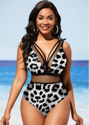 Leopard Fishnet Panel Black One Piece Swimwear