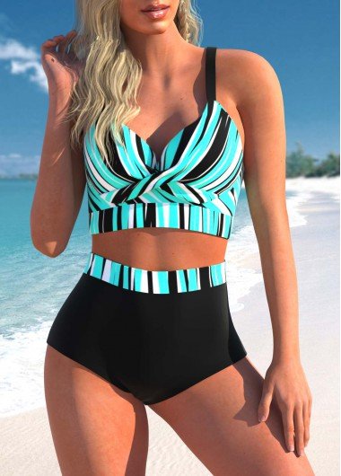 High Waisted Stripe Print Front Cross Bikini Set