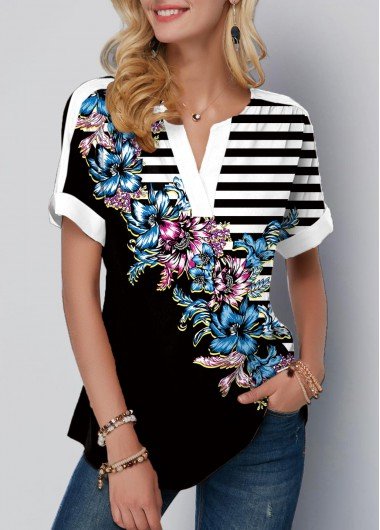 Striped Floral Print Split Neck Black T Shirt