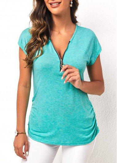 Cyan Quarter Zip Side Shirred T Shirt