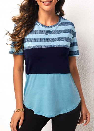 Striped Light Blue Round Neck Short Sleeve T Shirt