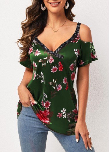 Strappy Cold Shoulder Floral Print Army Green T Shirt