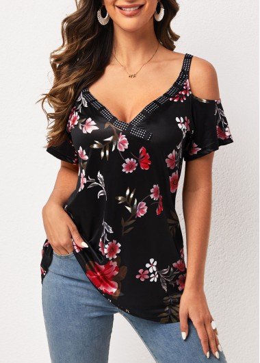 Strappy Cold Shoulder Floral Print Black T Shirt