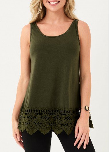 Army Green Lace Stitching Tank Top