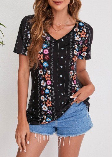 Floral Print V Neck Black Short Sleeve T Shirt