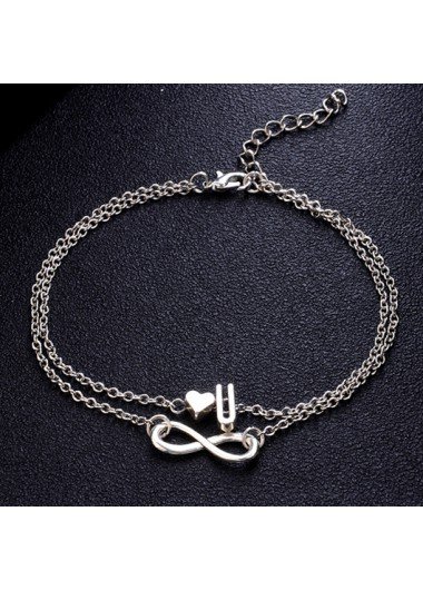 Silver Layered Letter and Heart Design Anklet