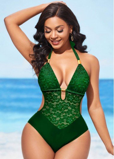 Green Lace Stitching Halter One Piece Swimwear