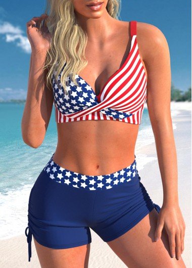 American Flag Print Color Block Bikini Set