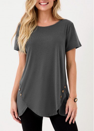 Asymmetric Hem Dark Grey Decorative Button T Shirt