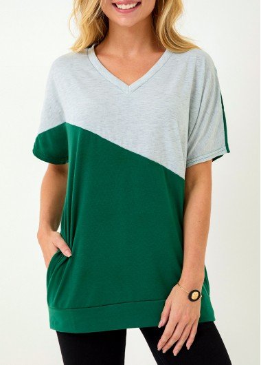 Pocket Short Sleeve V Neck Color Block T Shirt