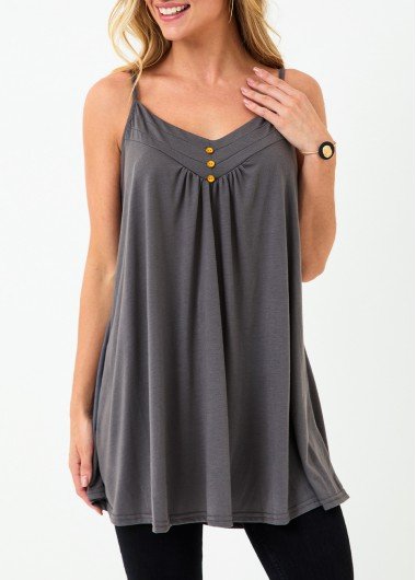 Decorative Button Dark Grey Fold Camisole Top