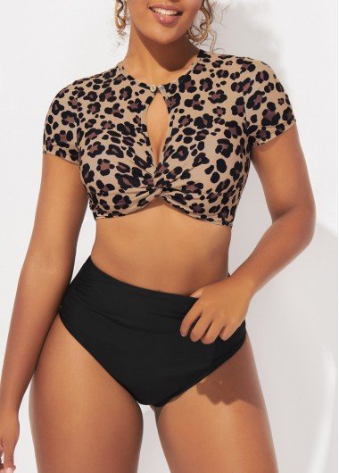 High Waisted Leopard Cutout Twist Front Bikini Set