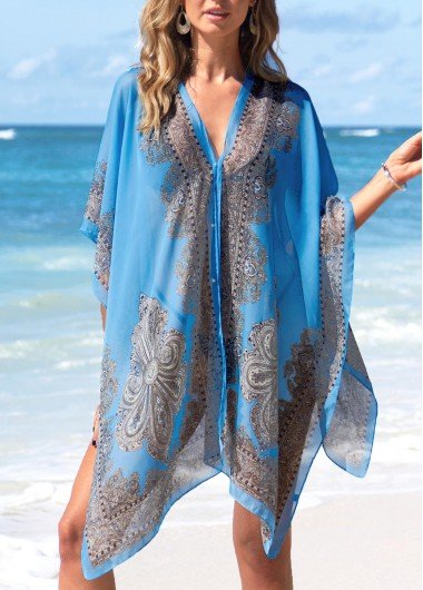 Tribal Print Light Blue Asymmetric Hem Cover Up