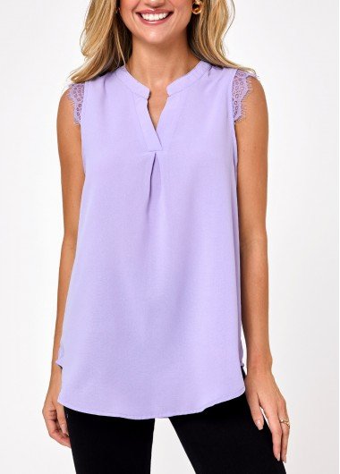 Light Purple Lace Stitching Split Neck Tank Top