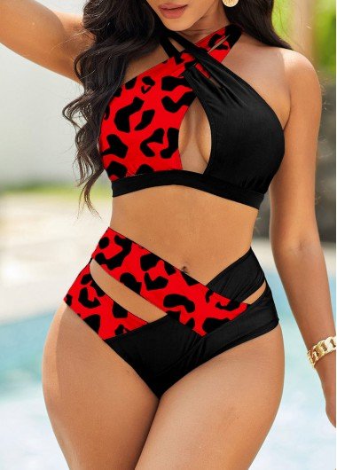 Leopard Red High Waisted Cross Strap Bikini Set