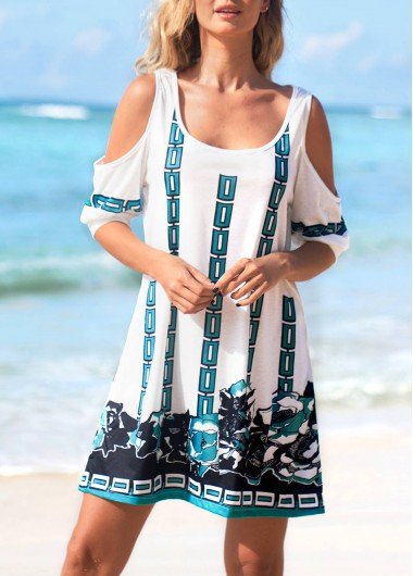 Cold Shoulder White Chain Print Beach Dress