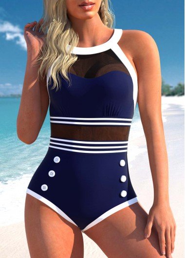 Navy Blue Striped Mesh Stitching One Piece Swimwear