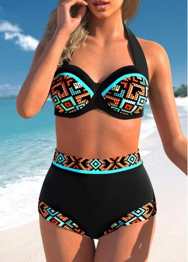 High Waisted Tribal Print Black Bikini Set