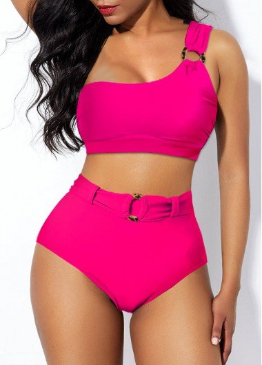 High Waisted Rose Pink One Shoulder Bikini Set