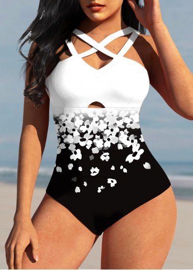 Floral Print Cross Strap Ombre One Piece Swimwear