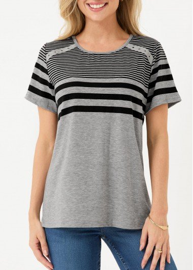 Striped Light Grey Eyelet T Shirt