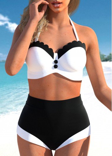 High Waisted Black Retro Contrast Bikini Set