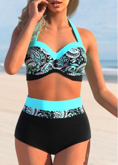 Paisley Print High Waisted Cyan Bikini Set