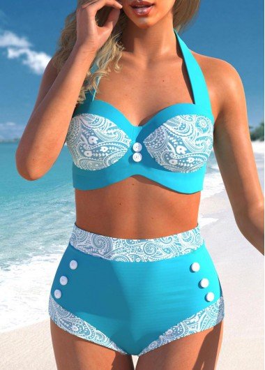 Paisley Print Cyan High Waisted Halter Bikini Set