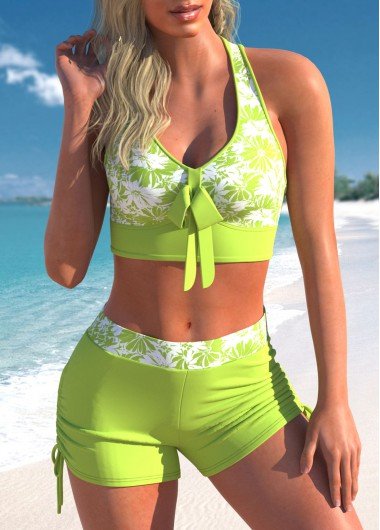 Light Green Cross Strap Floral Print Bikini Set