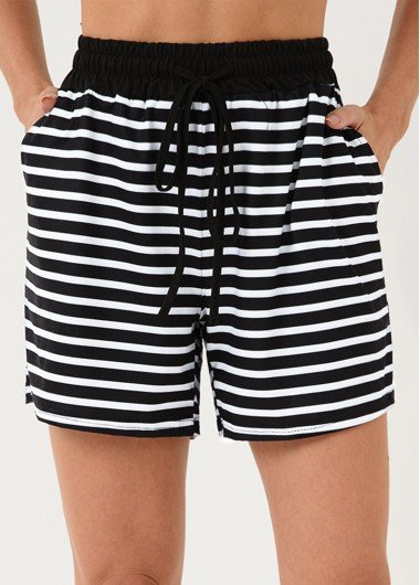 Striped Double Side Pockets Black High Waisted Shorts