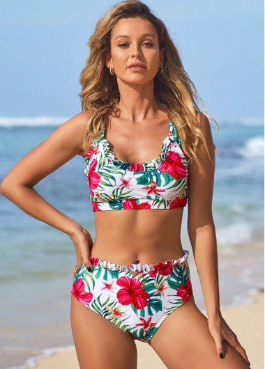 Mid Waist Multi Color Tropical Print Bikini Set