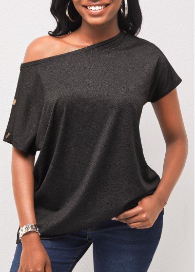 Black Decorative Button Skew Neck T Shirt