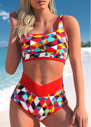 Geometric Print High Waisted Red Bikini Set