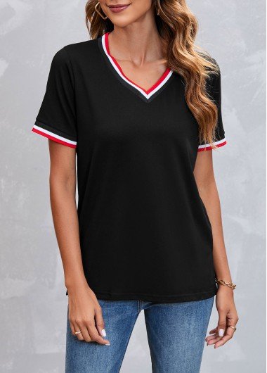 V Neck Striped Black Short Sleeve T Shirt