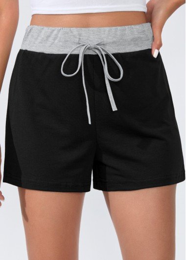 High Waisted Drawstring Detail Black Shorts