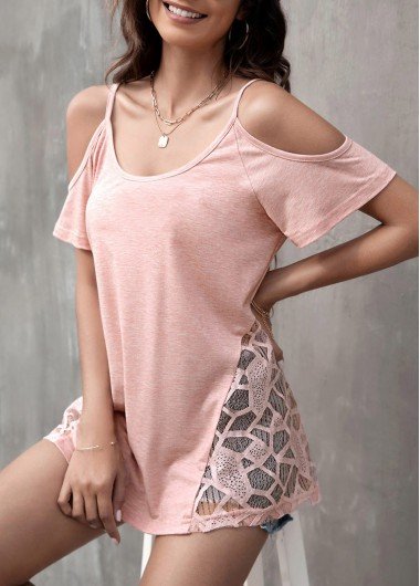 Lace Patchwork Cold Shoulder Light Pink T Shirt