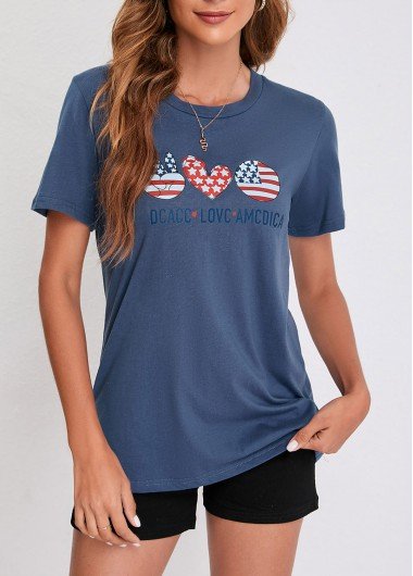 Navy Blue Short Sleeve American Flag Print T Shirt