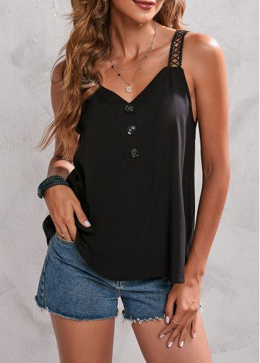 Lace Stitching Decorative Button Black Tank Top