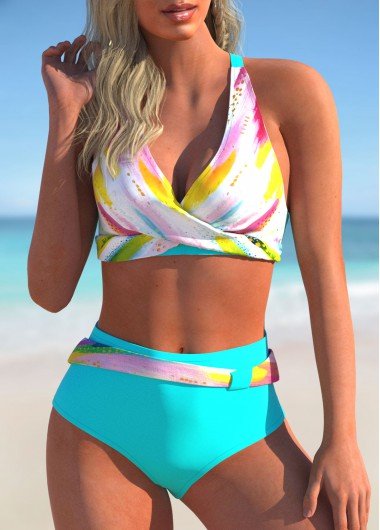 Colorful Print Cross Front High Waisted Bikini Set