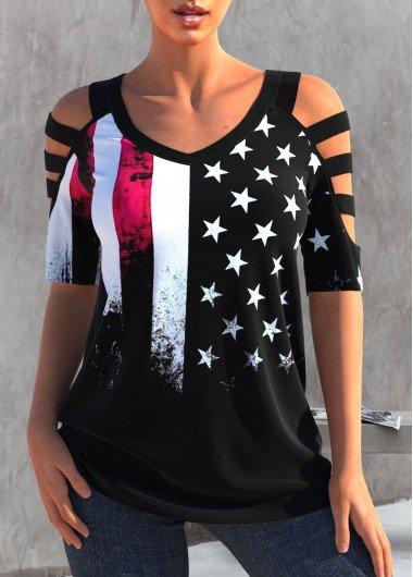 American Flag Print Ladder Cutout Black T Shirt