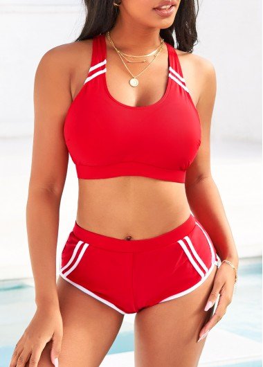 Contrast Stitch Red Mid Waist Bikini Set