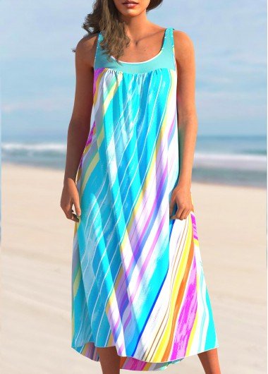 Rainbow Color Wide Strap Striped Cover Up Dress