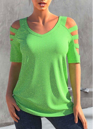 Ladder Cutout Mint Green V Neck T Shirt