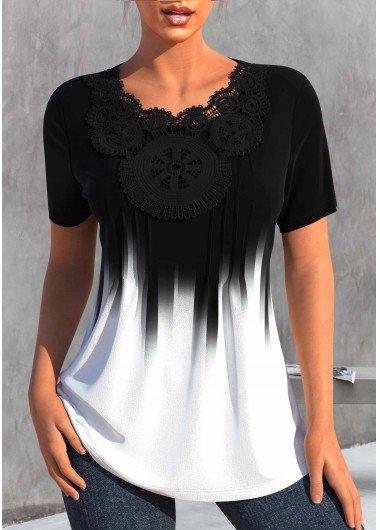 Short Sleeve Black Ombre Lace Stitching T Shirt