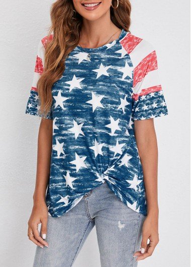 American Flag Print Blue Round Neck T Shirt