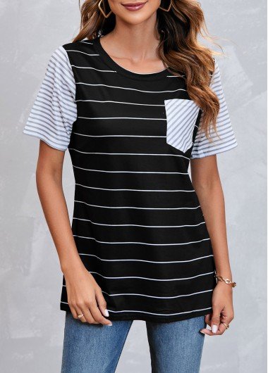 Pocket Striped Black Short Sleeve T Shirt