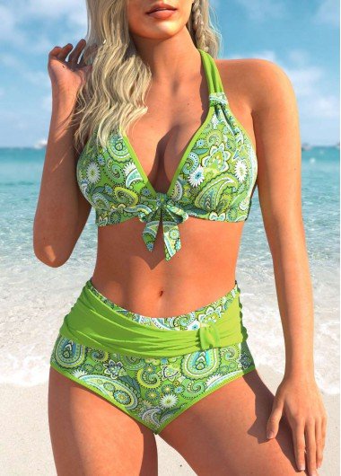 Paisley Print Green Halter Bikini Set