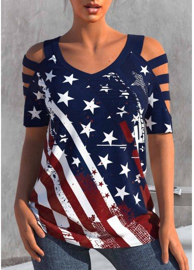 American Flag Print Navy Blue T Shirt