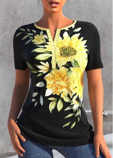 Floral Print Short Sleeve Black T Shirt